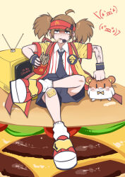 absurdres ahoge angry black_shorts bow bowtie bright_pupils brown_eyes brown_hair burger cheese collared_shirt crossed_legs crt dress_shirt eating emoticon employee_uniform fast_food_uniform food food_in_mouth french_fries full_body gauze_on_knee hamster happi hat headset highres holding holding_food imadake_dabuchi_tabemi japanese_clothes kaomoji looking_at_viewer loose_socks mcdonald&#039;s medium_hair menacing microphone mini_person minigirl pickle pinstripe_pattern pinstripe_shirt punching radio_antenna red_footwear red_hat red_shirt red_trim sanpaku shaded_face shirt short_sleeves shorts sitting sitting_on_food socks souryu striped_clothes striped_shirt television tie_clip tomato tomato_slice twintails two-tone_shirt veins veiny_arms velcro_footwear vertical-striped_clothes vertical-striped_shirt visor_cap white_pupils white_shirt white_socks yellow_background yellow_bow yellow_bowtie yellow_happi yellow_trim