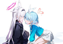 2girls absurdres all_fours arona_(blue_archive) black_coat black_pantyhose blue_archive blue_hair blue_shirt blush braid coat cropped_shirt eco_376124 eye_contact eyes_visible_through_hair facing_another grey_hair halo heart heart_halo highres long_hair looking_at_another midriff multicolored_hair multiple_girls pantyhose pink_hair plana_(blue_archive) school_uniform serafuku shirt short_hair simple_background single_braid sitting skirt two-tone_hair very_long_hair white_background white_skirt
