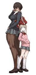 2girls blonde_hair blue_eyes bow bowtie breasts brown_hair dark-skinned_female dark_skin height_difference highres kei_(m_k) large_breasts long_hair m_k multiple_girls original pantyhose red_bow red_bowtie rika_(m_k) school_uniform short_hair simple_background size_difference sweat tall_female tan tomboy toned toned_female