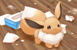 animal_focus blush brown_eyes closed_mouth commentary_request dirty eevee gen_1_pokemon highres looking_up mimix nintendo no_humans pokemon pokemon_(creature) signature smile solo standing tissue tissue_box