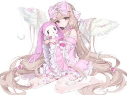 1girl absurdres android angel_wings atashi_(chobits) bare_shoulders blonde_hair blush bow chii chobits detached_sleeves dress feathered_wings frills hair_bow hair_spread_out hair_tubes highres lolita_fashion long_hair long_sleeves looking_at_viewer mika_030 persocom_(chobits) pink_bow pink_dress ribbon robot_ears simple_background sitting thighhighs very_long_hair white_background white_wings wings