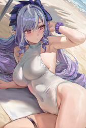 1girl amiki_yuzuru beach breasts covered_navel highleg highleg_one-piece_swimsuit highres large_breasts looking_to_the_side lying multicolored_hair on_side one-piece_swimsuit pointy_ears purple_hair purple_scrunchie red_eyes sand scrunchie solo streaked_hair swimsuit vivian_banshee white_hair white_one-piece_swimsuit wrist_scrunchie zenless_zone_zero
