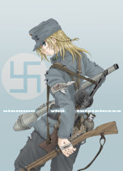 1girl bandages bolt_action braid canteen female_focus finland finnish_text gun hat high-explosive_anti-tank_(warhead) man-portable_anti-tank_systems may_(darkcore) military military_uniform original panzerfaust recoilless_gun solo submachine_gun suomi_kp/-31 swastika weapon world_war_ii
