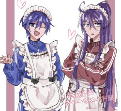 2boys ahoge alternate_costume anno_voc apron blue_eyes blue_hair crossdressing crossed_arms enmaided hair_between_eyes heart highres jersey_maid kaito_(vocaloid) kamui_gakupo long_hair looking_at_viewer maid maid_apron maid_headdress male_focus male_maid multiple_boys one_eye_closed open_mouth ponytail purple_hair short_hair sidelocks smile track_suit translation_request two-tone_background unconventional_maid very_long_hair vocaloid
