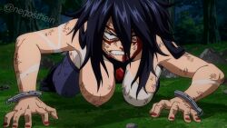 1girl abuse all_fours anime_screenshot armpit_crease armpit_peek armpits artist_name artist_request between_breasts blood blood_on_face blue_eyes bodysuit boku_no_hero_academia bracelet breasts breasts_apart clenched_hands clenched_teeth curvy day defeat dirty dominatrix domino_mask eyelashes female_focus fingernails hair_between_eyes hanging_breasts high_heels highres imminent_death imminent_gangbang imminent_rape injury jewelry large_breasts long_hair looking_at_viewer mask messy_hair midnight_(boku_no_hero_academia) nail_polish nature nipples no_bra nude_filter one_breast_out outdoors pain parted_bangs parted_lips ryona sidelocks skin_tight spiked_hair superhero_costume teeth thighhighs third-party_edit torn_bodysuit torn_clothes tree wakipai