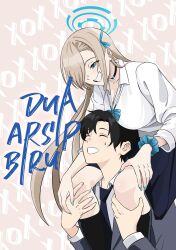 1boy 1girl asuna_(blue_archive) asuna_(school_uniform)_(blue_archive) black_choker black_hair black_socks blue_archive blue_eyes blue_nails blue_necktie blue_skirt blush breasts brown_hair carrying choker closed_eyes collared_shirt dua_garis_biru facing_another grey_jacket hair_over_one_eye halo hetero highres indonesian_text jacket kang_cilok&#039;s kneehighs large_breasts long_hair long_sleeves looking_at_another necktie official_alternate_costume pink_background poster_parody school_uniform scrunchie sensei_(blue_archive) sensei_(blue_archive_the_animation) shirt short_hair shoulder_carry skirt smile socks sweat translation_request very_long_hair white_shirt wrist_scrunchie