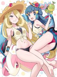 Rule 34 | 2girls, absurdres, ass, barefoot, black eyes, blonde hair, blue eyes, blue hair, cosplay, cynthia (pokemon), cynthia (pokemon) (cosplay), cynthia (summer 2025) (pokemon), dawn (pokemon), flower hat, gen 3 pokemon, gen 4 pokemon, grin, hat, highres, holding hands, long hair, milotic, mini hat, multiple girls, navel, nintendo, official alternate costume, open mouth, pokemoa, pokemon, pokemon (creature), pokemon dppt, pokemon masters ex, sarong, shirt, smile, swimsuit, teeth, tied shirt, wig
