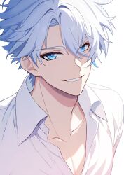 1boy blue_eyes collarbone collared_shirt hashtag-only_commentary highres honkai:_star_rail honkai_(series) looking_at_viewer male_focus michowow parted_bangs pectoral_cleavage pectorals phainon_(honkai:_star_rail) shirt short_hair simple_background smile solo upper_body white_background white_hair white_shirt