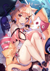 1girl ahoge animal_ear_fluff animal_ears bare_legs bare_shoulders blonde_hair cat cat_ears cat_tail commentary crop_top facial_mark hair_ornament hairclip highres looking_at_viewer manta_ray midriff off-shoulder_shirt off_shoulder pillow pink_shirt pink_shoes red_eyes shirt shoes short_hair short_shorts shorts shyrei_faolan sneakers solo squchan stuffed_animal stuffed_cat stuffed_toy tail thighs virtual_youtuber vyugen whisker_markings