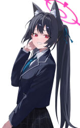 1girl :d absurdres animal_ear_fluff animal_ears black_jacket black_skirt blue_archive blue_necktie blue_ribbon blush cat_ears cat_girl collared_shirt commentary danyun_03 extra_ears film_grain grin hair_between_eyes hair_intakes hair_ribbon halo hand_up happy highres jacket long_hair long_sleeves looking_at_viewer necktie open_mouth pink_halo plaid_clothes plaid_skirt pleated_skirt red_eyes ribbon school_uniform serika_(blue_archive) shirt simple_background skirt smile solo straight_hair tsurime twintails very_long_hair white_background white_shirt