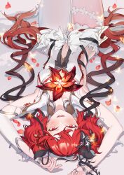 1girl arms_up black_flower blake_bloom_(wuthering_waves) breasts camellya_(wuthering_waves) clothing_cutout collar commentary dress flower hair_flower hair_ornament hair_vines highres looking_at_viewer lying navel on_back open_mouth pantyhose red_eyes red_flower red_hair short_hair short_twintails sideless_dress single_leg_pantyhose small_breasts smile solo stomach_cutout twintails white_collar white_dress white_pantyhose wuthering_waves xxinainaxx