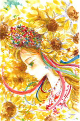 1girl abstract_background absurdres blonde_hair dated floral_background flower green_eyes head_wreath highres jewelry looking_down necklace original painting_(medium) portrait slavic_clothes sunflower traditional_dress traditional_media ukraine ukrainian_clothes upper_body vinok vyshyvanka watercolor_(medium) yuinono1222
