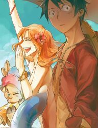 &gt;_&lt; 1girl 2boys antlers arm_up bangle bikini black_hair blue_nose blue_sky bracelet breasts closed_eyes cloud cloudy_sky cross_scar flower from_side green_bikini hair_flower hair_ornament hat highres horns innertube jewelry large_breasts lidocaine0 log_pose long_hair looking_at_viewer looking_to_the_side monkey_d._luffy multiple_boys nami_(one_piece) one_piece open_clothes open_mouth open_shirt orange_hair outdoors parted_lips profile red_flower red_shirt reindeer_antlers reindeer_boy scar scar_on_chest shirt sky straw_hat summer swim_ring swimsuit teeth tony_tony_chopper unworn_hat unworn_headwear upper_body upper_teeth_only wavy_hair