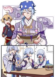 2girls 3boys ? ahoge apron asymmetrical_hair ayaka_(genshin_impact) bad_food bare_shoulders black_gloves black_headband black_shirt blonde_hair blue_dress blue_hair blue_headscarf blue_pants blue_vest blunt_bangs blunt_tresses bowl braid braided_hair_rings chinese_commentary choker chopsticks closed_eyes commentary_request corrupted_twitter_file covering_own_mouth crossover detached_sleeves dress earrings fake_horns feathered_wings fingerless_gloves fish_skeleton flower flying_sweatdrops genshin_impact glove_cutout gloves gold_earrings grey_hair grey_jacket hair_between_eyes hair_bun hair_flower hair_ornament hair_over_shoulder hair_rings half_updo halo halo_behind_head hand_over_own_mouth hand_up head_wings headband headscarf highres holding holding_bowl holding_chopsticks honkai:_star_rail honkai_(series) horned_headwear horns jacket jewelry kamisato_ayaka kamisato_ayaka_(springbloom_missive) kamisato_ayato long_hair long_sleeves looking_at_another looking_to_the_side medium_hair mihoyo mole mole_under_eye mole_under_mouth multiple_boys multiple_girls pants piercing puffy_long_sleeves puffy_sleeves purple_apron purple_choker purple_shirt red_jacket red_sash ring robin_(honkai:_star_rail) sash shirt sitting smile spiked_halo strapless strapless_dress sunday_(honkai:_star_rail) sweat table tentacles thoma_(genshin_impact) turn_pale vest white_dress white_flower white_gloves white_shirt white_wings wing_piercing wings yuelinpanp98413