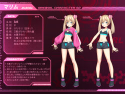 1girl black_shoes blonde_hair blue_eyes breasts bulge daisy_mitsumata full_body futanari hair_bobbles hair_ornament highres long_hair midriff mitama_(daisy_mitsumata) navel original reference_sheet shoes shorts shrug_(clothing) solo sports_bra standing thong translation_request