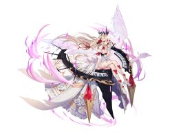 1girl artist_request bare_shoulders beak bird blonde_hair blush bow breasts circular_keyboard cleavage collar cross_hair_ornament double_horizontal_stripe elizabeth_(final_gear) final_gear flower full_body hair_ornament hair_ribbon high_heels highres instrument keyboard_(instrument) leotard long_hair low-tied_long_hair medium_breasts neck_ribbon official_art red_bow red_eyes red_ribbon ribbon rose shoe_strap short_sleeves simple_background sleeve_ribbon solo sparkle swan tachi-e teeth third-party_source transparent_background white_collar white_flower white_footwear white_leotard white_rose white_wrist_cuffs wrist_cuffs
