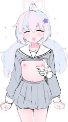 1girl absurdres ahoge blue_archive blue_hair blush breasts closed_eyes facing_viewer flat_chest grey_serafuku grey_skirt grey_sleeves hair_ornament halo highres jacket light_blush long_hair long_sleeves low_twintails multicolored_hair navel nipples nude open_mouth pink_hair pink_halo pleated_skirt reisa_(blue_archive) rusmaamhi sailor_collar school_uniform serafuku simple_background skirt small_breasts smile sound_effects star_(symbol) star_hair_ornament star_halo twintails white_background white_sailor_collar