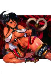 10s 1girl absurdres black_hair breasts cleavage dark_skin earrings f.s. fishnet_thighhighs fishnets green_eyes highres huge_breasts jewelry long_hair luna_luna_(queen&#039;s_blade) midriff multicolored_hair official_art pearl_thong queen&#039;s_blade queen&#039;s_blade_lost_worlds queen&#039;s_blade_rebellion revealing_clothes shoes thighhighs