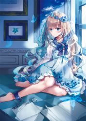 1girl barefoot blue_eyes blue_flower blue_hair blue_sailor_collar blush book bug butterfly checkered_floor closed_mouth commentary_request cuffs dress dress_flower female_focus flower forget-me-not_(flower) frilled_sailor_collar frills gradient_hair hair_between_eyes hair_flower hair_ornament highres indoors inkwell insect kisaragi_yuri light_brown_hair long_hair long_sleeves looking_at_viewer multicolored_hair open_book original painting_(object) paper picture_frame quill sailor_collar sailor_dress school_uniform see-through_clothes serafuku shirt sleeveless sleeveless_dress solo very_long_hair white_shirt