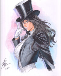 1girl 2024 black_hair breasts dc_comics female_focus gloves hat highres homare_(fool&#039;s_art) lips long_hair looking_at_viewer purple_lips solo zatanna_zatara