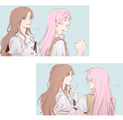 2girls bang_dream! bang_dream!_it&#039;s_mygo!!!!! blue_background blue_eyes brown_hair brown_sweater_vest chihaya_anon closed_eyes closed_mouth collared_shirt commentary_request dewlake00 dress fang flying_sweatdrops haneoka_school_uniform highres korean_commentary long_hair looking_at_another multiple_girls nagasaki_soyo open_mouth pink_hair school_uniform shirt smile sweater_vest tsukinomori_school_uniform two-tone_background white_background white_dress white_shirt