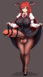 1futa absurdres bat_wings black_shoes black_skirt black_vest breasts censored clothes_lift curvy demon_wings erection full_body futanari head_wings highres huge_breasts huge_penis koakuma large_testicles long_hair long_sleeves looking_at_viewer mary_janes necktie pantyhose penis penis_in_pantyhose peso_(cheese_company) red_eyes red_hair shirt shoes sidelocks skirt skirt_lift skirt_set smile solo standing testicles touhou vest wide_hips wings