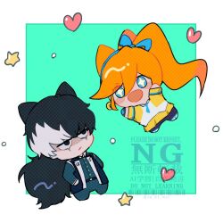 1boy 1girl ace_attorney athena_cykes black_eyes black_hair black_jacket black_pants blue_bow blue_eyes blue_necktie bow chibi chibi_only closed_mouth crescent crescent_earrings earrings hair_between_eyes hair_bow heart jacket jewelry long_hair looking_at_another multicolored_hair necktie nemui61 open_mouth orange_hair pants shirt side_ponytail simon_blackquill skirt star-shaped_pupils star_(symbol) symbol-shaped_pupils twitter_username two-tone_hair very_long_hair white_hair white_shirt yellow_jacket yellow_skirt