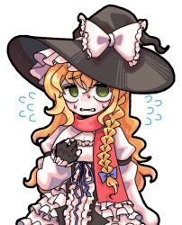 1girl bags_under_eyes black_gloves black_hat blonde_hair blue_bow blue_ribbon blush bow braid breasts cleavage commentary cookie_(touhou) cowboy_shot flying_sweatdrops frilled_hat frills gloves green_eyes hair_bow hat hat_bow kirisame_marisa long_hair looking_at_viewer mars_(cookie) medium_breasts messy_hair partially_fingerless_gloves qrteg87yhl16571 ribbon shirt side_braid simple_background single_braid solo symbol-only_commentary touhou white_background white_bow white_shirt witch_hat
