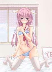 1girl absurdres angry arm_at_side blue_panties blush bra bra_lift breasts clenched_teeth commentary embarrassed eyelashes eyes_visible_through_hair full_body groin hair_between_eyes hair_ornament hand_up highres indoors kneeling long_hair looking_at_viewer medium_breasts mitsukasa_ayase navel necktie nipple_slip nipples no_shoes nose_blush on_bed panties panty_pull pink_hair pulling_own_clothes purple_eyes pussy_juice_stain red_necktie riddle_joker shiroha_daisuki side-tie_panties skindentation solo stomach straight-on strap_slip teeth thighhighs thighs underwear undressing v-shaped_eyebrows very_long_hair white_thighhighs window wing_hair_ornament yes yes-no_pillow
