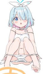1girl arona_(blue_archive) ass blue_archive blue_eyes blue_hair breasts clearite colored_inner_hair hair_over_one_eye loli medium_hair multicolored_hair navel panties pink_hair simple_background small_breasts underwear undressing white_background white_panties