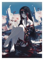 1girl absurdres barefoot bird bishoujo_mangekyou_(series) black_hair blunt_bangs border breasts commentary floral_print flower hairband highres japanese_clothes kimono long_hair renge_(bishoujo_mangekyou) small_breasts solo spider_lily white_border yautja