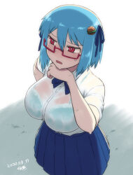 Rule 34 | 1girl, blue bow, blue bra, blue hair, blue skirt, blush, borrowed character, bow, bra, breasts, burger hair ornament, buttons, cleavage, collared shirt, cowboy shot, dated, food-themed hair ornament, glasses, hair between eyes, hair ornament, hamburger-chan (hundredburger), hand on own face, large breasts, on ground, open mouth, original, red eyes, see-through clothes, see-through shirt, semi-rimless eyewear, shirt, short hair, short sleeves, signature, simple background, skirt, solo, standing, sweat, tsukudani (coke-buta), underwear, white background, white shirt