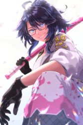 1girl black-framed_eyewear black_choker black_gloves black_jacket blue_eyes chest_sarashi choker glasses gloves highres holding holding_sword holding_weapon jacket kson long_hair miyakozuki mole mole_under_eye multicolored_jacket pants ponytail purple_hair sarashi smile solo souchou sword two-tone_jacket virtual_youtuber vshojo weapon white_background white_jacket white_pants