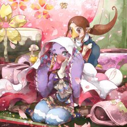 2girls animal_feet artist_name bare_shoulders beak bird bird_girl bird_legs blanket blue_dress blue_eyes blue_fur blush blush_stickers body_fur breasts brown_hair cherry_blossoms claws collarbone curtains dango dress earrings feathered_wings feathers female_focus food from_side full_body furry furry_female hair_tie hands_up hoop_earrings in-franchise_crossover jewelry kandori_makoto knees_together_feet_apart long_dress long_hair looking_at_another looking_at_viewer medli miniskirt multicolored_fur multiple_girls nintendo ooccoo open_mouth parted_bangs petals pink_hair pointy_ears ponytail profile purple_fur purple_wings red_eyes rito saki_(zelda) sanshoku_dango scarf shirt short_hair short_sleeves signature sitting skirt sleeveless sleeveless_shirt small_breasts tabard the_legend_of_zelda the_legend_of_zelda:_breath_of_the_wild the_legend_of_zelda:_the_wind_waker the_legend_of_zelda:_twilight_princess thick_thighs thighs very_long_hair wagashi wariza white_feathers white_fur white_scarf white_shirt white_skirt wide-eyed winged_arms wings