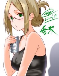 1girl alternate_costume asahi_breweries beer_can black_tank_top brown_hair can character_name commentary_request dated drink_can engo_(aquawatery) folded_ponytail glasses green_eyes kantai_collection katori_(kancolle) one-hour_drawing_challenge signature solo tank_top upper_body