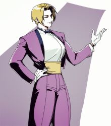 1girl blonde_hair blue_eyes bow bowtie breasts female_focus formal_clothes gloves hand_on_own_hip hand_up huge_breasts jacket king_(snk) large_breasts leather long_sleeves pale_skin pants shirt short_hair smile smiley_face snaaaking snaaakingyo suit suit_jacket the_king_of_fighters thick_thighs thighs white_shirt