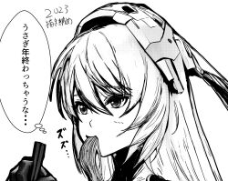 1girl animal_ears chopsticks commentary_request dated eating fake_animal_ears food_in_mouth girls&#039;_frontline girls&#039;_frontline_2:_exilium grey_hair hair_between_eyes highres holding holding_chopsticks krolik_(girls&#039;_frontline_2) long_hair mechanical_ears meimushi monochrome official_alternate_costume portrait simple_background solo speech_bubble thought_bubble translation_request white_background