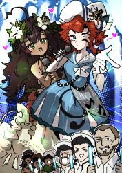 Rule 34 | 2girls, 6+boys, :d, ahoge, barcarola (reverse:1999), blowing kiss, blue eyes, blue shirt, blue skirt, brown hair, dark-skinned female, dark-skinned male, dark skin, dixie cup hat, fatutu, flower, gloves, glowstick, hair flower, hair ornament, hands up, hat, heart, hibiscus, highres, holding, holding glowstick, holding microphone, long braid, looking at viewer, microphone, military hat, multiple boys, multiple girls, one eye closed, open mouth, puckered lips, red hair, reverse:1999, sailor collar, shirt, skirt, sleeveless, sleeveless shirt, smile, white gloves, white hat, white shirt, white skirt, ziyunshanding