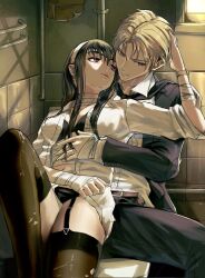Rule 34 | 1boy, 1girl, bandaged arm, bandaged stomach, bandages, belt, black belt, black bra, black hair, black jacket, black necktie, black panties, black pants, black thighhighs, blonde hair, blue eyes, bra, breasts, closed mouth, collarbone, collared shirt, commentary, couple, earrings, english commentary, feet out of frame, fingernails, gold earrings, hair between eyes, hand on another&#039;s head, hand on another&#039;s stomach, headband, henoopd, highres, hug, indoors, jacket, jewelry, knee up, long hair, looking at another, looking down, looking up, medium breasts, midriff, navel, necktie, on toilet, open clothes, open shirt, panties, pants, parted lips, red eyes, shirt, short hair, sidelocks, sitting, spy x family, sunlight, thigh strap, thighhighs, torn clothes, torn thighhighs, twilight (spy x family), underwear, white headband, white shirt, window, yor briar
