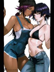 2girls absurdres alternate_costume bare_shoulders beanie bikini bikini_under_clothes bion_(insomn_bion) black_bikini black_hair black_hat bleach blue_nails blue_overalls blunt_bangs breasts brown_eyes cleavage collarbone commentary dark-skinned_female dark_skin denim english_commentary hand_around_neck hand_on_another&#039;s_hip hat highres jeans large_breasts long_hair looking_at_viewer medium_breasts multiple_girls nail_polish navel open_fly overalls pants parted_bangs ponytail purple_hair shihouin_yoruichi short_hair short_hair_with_long_locks simple_background small_breasts stomach sui-feng suspenders swimsuit thighs toned toned_female white_background white_undershirt yellow_eyes