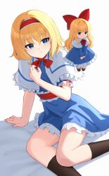 1girl alice_margatroid arm_support blonde_hair blue_dress blush bow bowtie breasts capelet commentary curly_hair dress expressionless frilled_capelet frilled_dress frills hair_between_eyes hairband hand_on_own_chest highres light_frown lolita_hairband long_hair medium_hair oeyama red_bow red_bowtie red_hairband shanghai_doll short_sleeves sitting small_breasts solo thighs touhou white_capelet yokozuwari