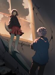 1boy 1girl anak_zahard barefoot black_pants black_sweater blue_hair blue_hoodie blue_sky brown_hair closed_mouth cloud cloudy_sky colored_skin crossed_arms green_skin highres hood hoodie khun_ran lizard_tail long_hair long_sleeves looking_at_another pants purple_eyes red_hood red_skirt serious short_hair skirt sky smile sweater tail tower_of_god window