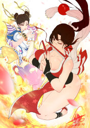 2025 2girls absurdres breasts brown_eyes brown_hair capcom chun-li cleavage crossover dated double_bun fatal_fury female_focus fire hair_bun hand_fan highres kuji-in large_breasts long_hair looking_at_viewer matching_hair/eyes mouth_hold multiple_girls ninja one_eye_closed ponytail shiranui_mai stirrup_footwear street_fighter street_fighter_6 torn_clothes wink