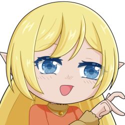 1girl :d blonde_hair blue_eyes blush chibi commission commissioner_upload dress elf emoji emoticon jewelry long_hair long_sleeves lotte_farona lowres necklace official_art open_mouth pointy_ears selinanovalight smile solo tagme upper_body ways_of_darkness_(series)