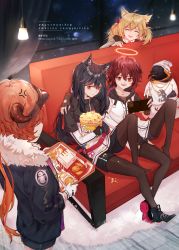 1boy 4girls ^_^ anger_vein animal animal_ears arknights arm_around_shoulder artist_name ayan477845 bad_id bad_lofter_id bird black_footwear black_gloves black_jacket black_legwear black_shorts bow bucket cellphone chicken_(food) closed_eyes couch cow_horns croissant_(arknights) emperor_(arknights) exusiai_(arknights) fingerless_gloves food french_fries fried_chicken fur-trimmed_jacket fur_trim gloves hair_between_eyes hair_bow halo hand_on_another&#039;s_thigh highres holding holding_bucket holding_phone holding_tray horns indoors jacket kfc knee_up light long_hair multiple_girls open_mouth orange_eyes orange_hair pantyhose pantyhose_under_shorts penguin penguin_logistics_(arknights) penguin_logistics_logo phone popcorn red_bow red_hair shoes shorts single_shoe sitting smartphone sora_(arknights) spill takeout_container texas_(arknights) tray tupac_shakur twintails visor_cap watermark web_address white_headwear white_jacket window wolf_ears yellow_eyes