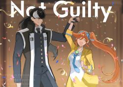 1boy 1girl ace_attorney arm_up athena_cykes black_coat black_gloves black_hair black_jacket black_necktie black_pants closed_eyes coat confetti crescent crescent_earrings earrings facial_mark gloves grey_eyes gumi_(gelatin) holding_hands jacket jewelry low_ponytail necklace necktie open_clothes open_jacket orange_hair pants phoenix_wright:_ace_attorney_-_dual_destinies ponytail shirt side_ponytail simon_blackquill single_earring single_glove skirt sleeveless sleeveless_coat smile twitter_username white_shirt yellow_jacket yellow_skirt