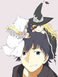 Rule 34 | 1boy, 2girls, :&lt;, a certain high school uniform, animal ears, black cape, black hair, black hat, black jacket, blonde hair, cape, check commentary, chibi, clenched teeth, closed mouth, collared jacket, commentary request, eyepatch, full body, gakuran, green eyes, grey background, grey eyes, hat, highres, index (toaru majutsu no index), jacket, kamijou touma, long hair, looking at another, multiple girls, nervous smile, nun, on head, on person, othinus, person on head, portrait, robe, school uniform, short hair, simple background, smile, spiked hair, teeth, toaru majutsu no index, toaru majutsu no index: new testament, white robe, winter uniform, witch hat, yakutashi
