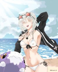 1girl beach bikini digimon digimon_(creature) dorimon jacket looking_at_viewer ocean original shiraori_o smile star_glasses swimsuit teeth white_hair