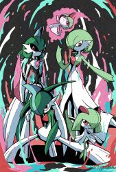 Rule 34 | 1boy, 4others, arm blade, aura, debudebumetabo, evolutionary line, fighting stance, floating, gallade, gardevoir, gen 3 pokemon, gen 4 pokemon, glaring, highres, iron valiant, kirlia, multiple others, nintendo, no mouth, pokemon, pokemon (creature), ralts, red eyes, smile, standing, weapon