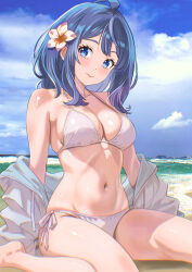 1girl ahoge beach bikini blue_eyes blue_hair blue_sky breasts cleavage closed_mouth cloud day flower hair_flower hair_ornament highres kousan make_heroine_ga_oo_sugiru! medium_breasts navel ocean outdoors side-tie_bikini_bottom sitting sky solo swimsuit wariza white_bikini yanami_anna